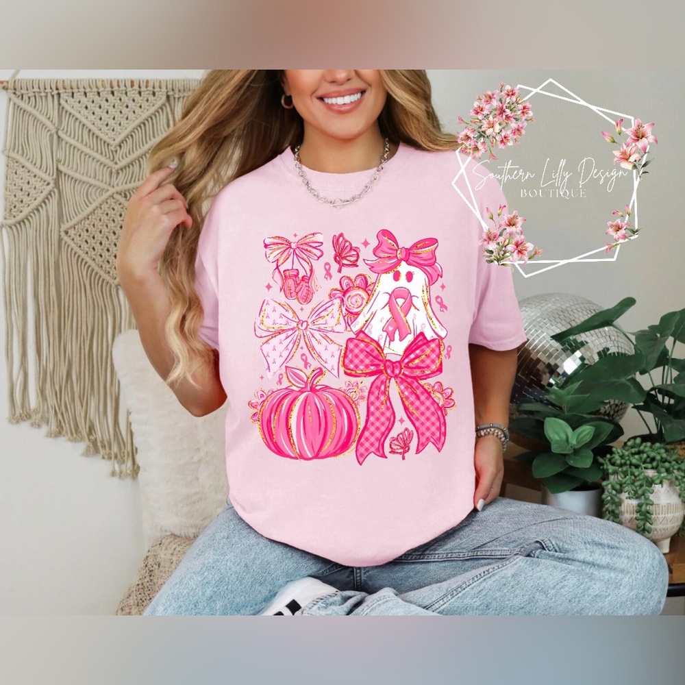 Pink Breast Cancer Awareness Cute Bow Pumpkin Fall Comfort Colors T-Shirt